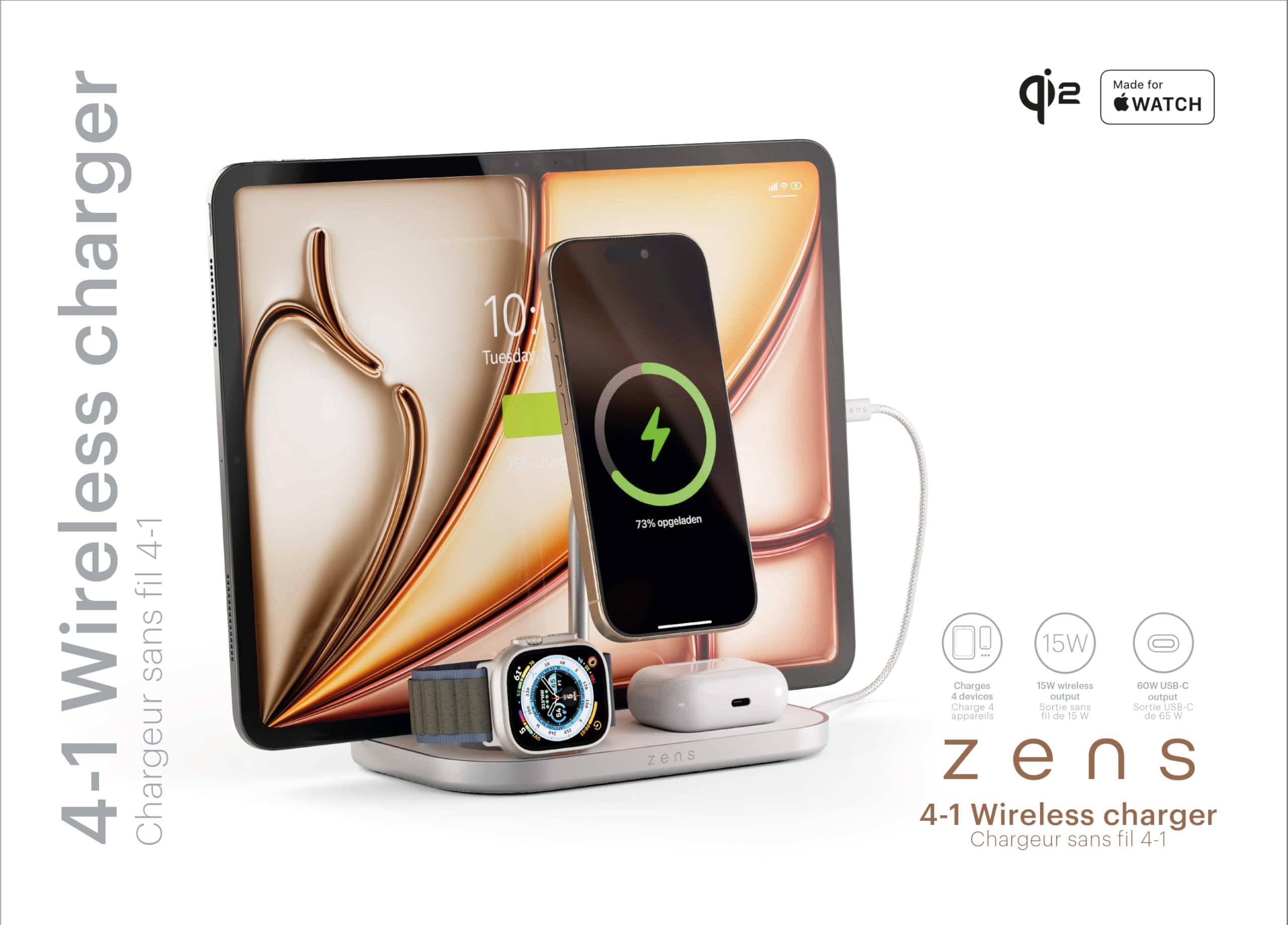 Zens 4-in-1 Wireless Charger, Bianco | Caricatore Wireless 15W per iPhone/AirPods/Android/Qi2,Ipad stand,adattatore 65W (EU/UK/US), Cavo 1,5 m Bianco