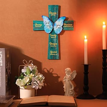 Panelee Cross Wooden Cross Wall Decor Christian Bible Verse Sign | Rustic Farmhouse Decor for Home, Inspirational Scripture Butterfly Design, 11.81 Wooden Hanging for Church Office