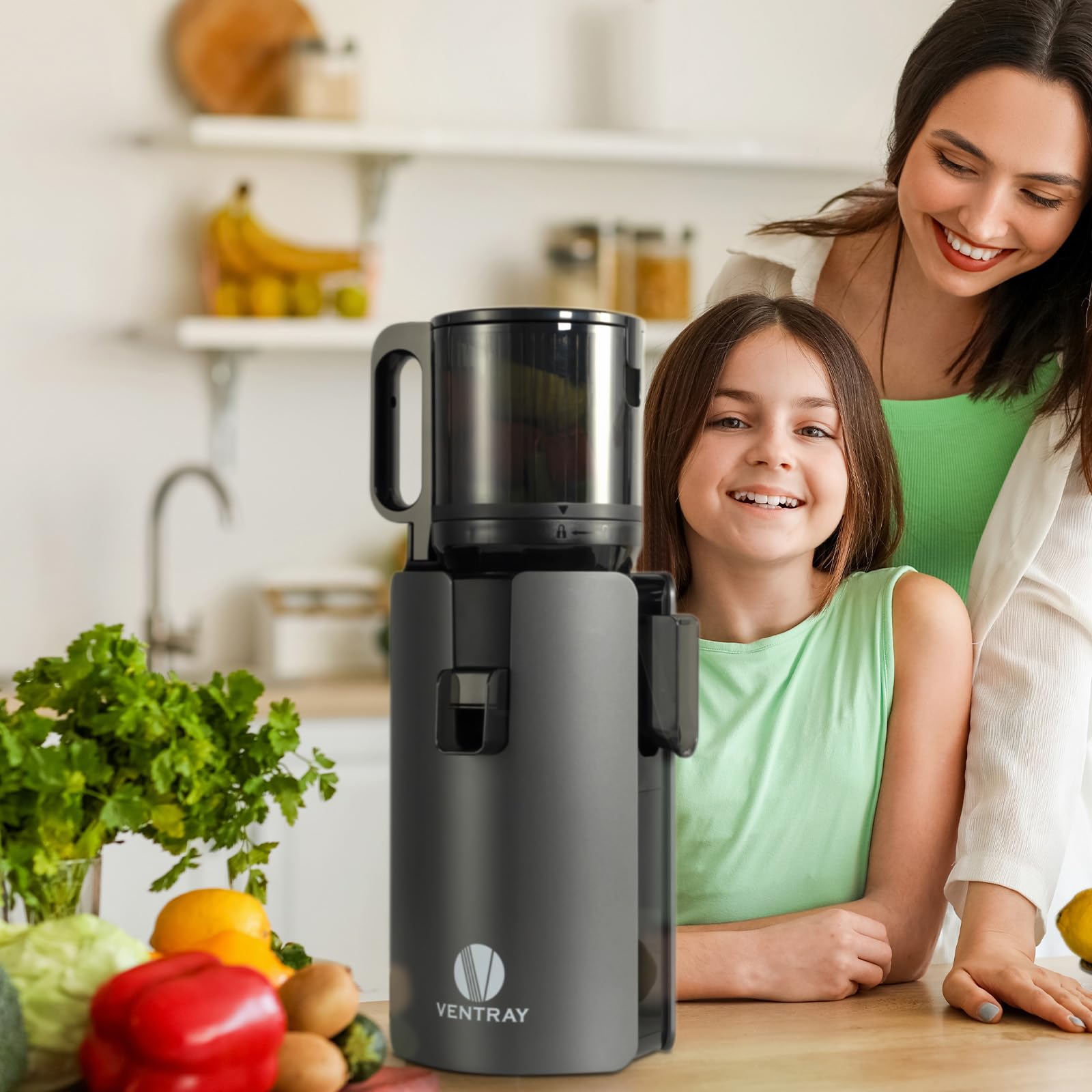 Ventray Estrattore di Succo a Freddo | Bocca Larga 120mm per Frutta e Verdura Intera Senza Preparazione | Sistema a Doppia Filtrazione | Facile da Pulire | 250W | 1.2L | Senza BPA | Nero