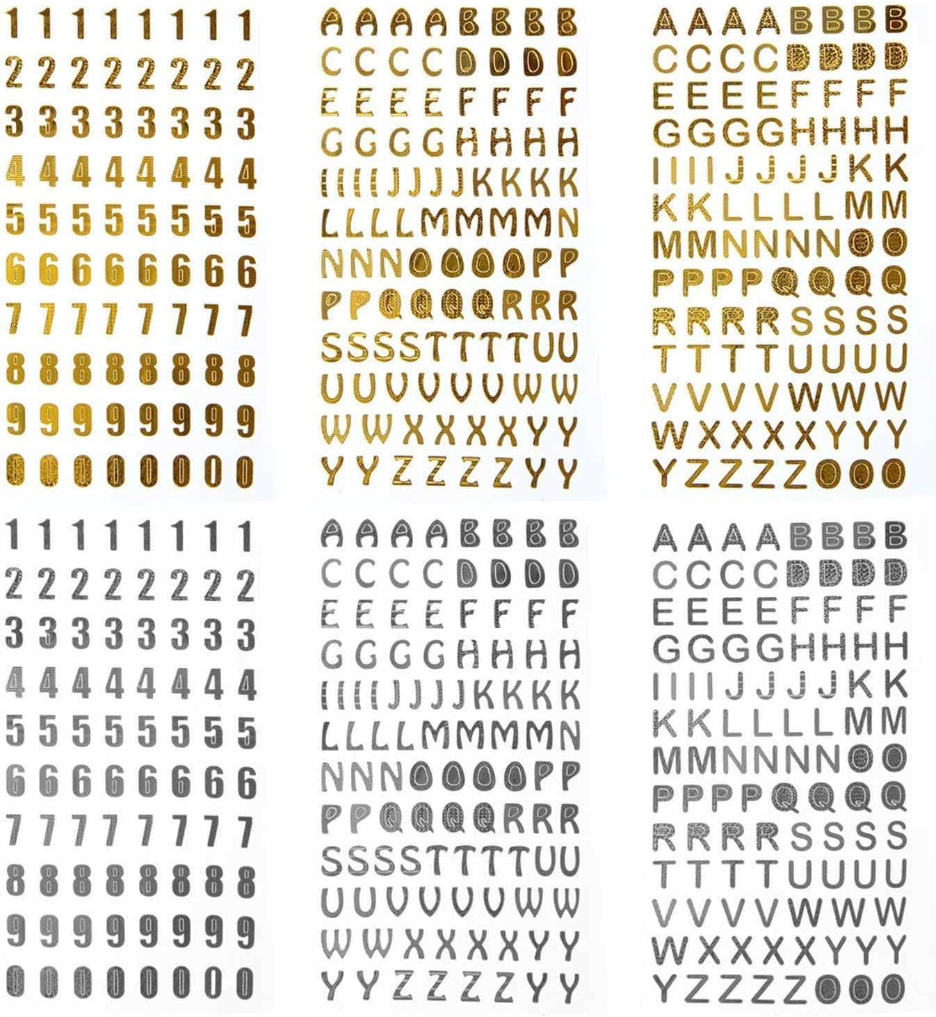 6 Sheets Glitter Number Stickers & Glitter Alphabet in Gold and Silver Color - Self Adhesive Hot Stamping DIY Letter Gift Labels Arts Craft Greeting Card for Home and Christmas Decoration