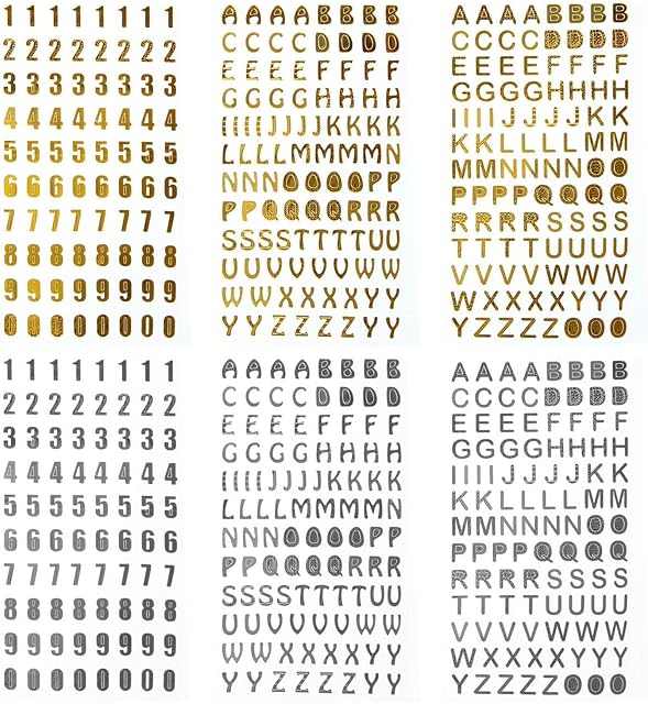 6 Sheets Glitter Number Stickers & Glitter Alphabet in Gold and Silver Color - Self Adhesive Hot Stamping DIY Letter Gift Labels Arts Craft Greeting Card for Home and Christmas Decoration