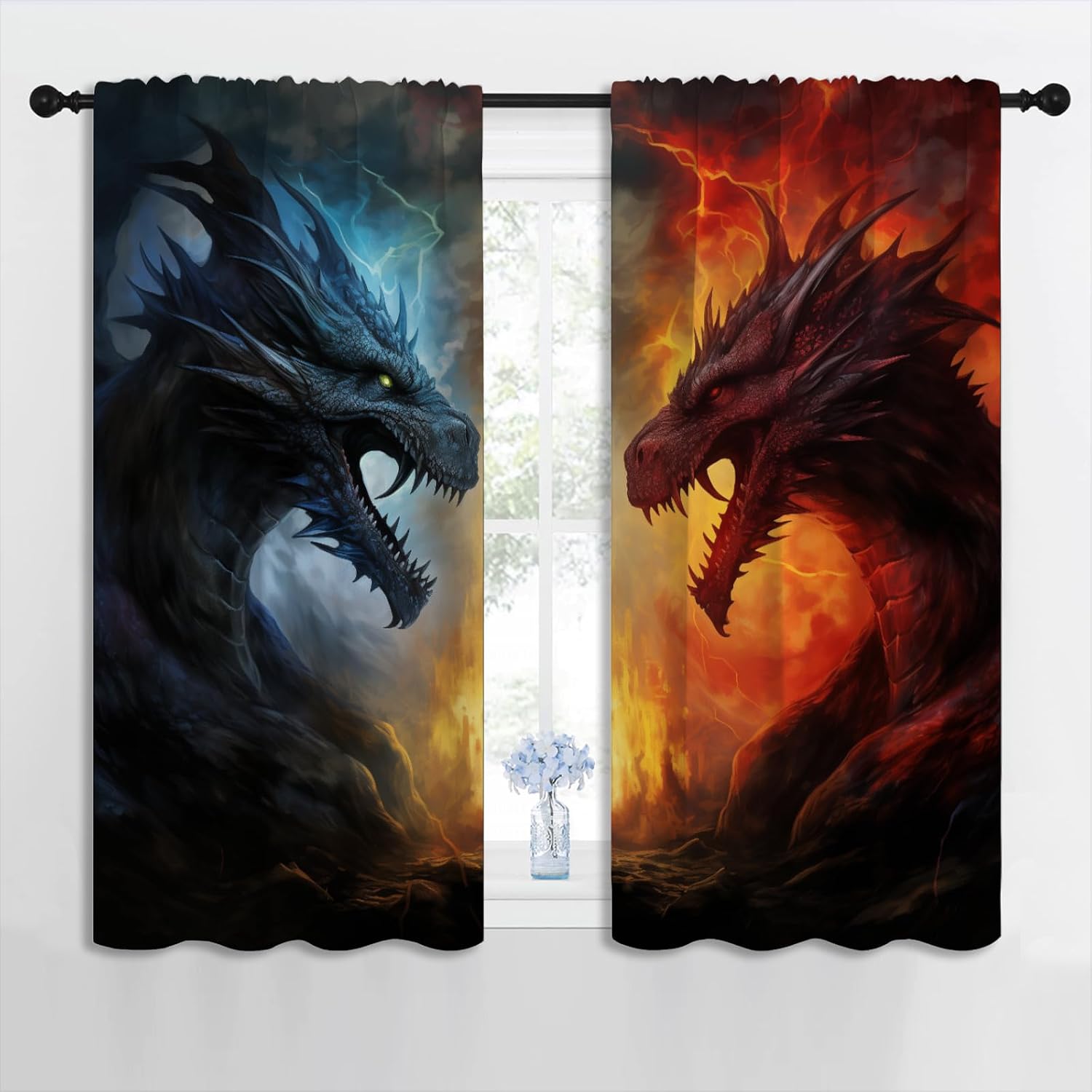 Red Blue Dragon Blackout Curtains for Boys Girl Bedroom Home Decor, Magic Wildlife Lightning Flame Cool Style Thermal Insulated Rod Pocket Darkening Living Room Window Drapes, 42 x 63 inch