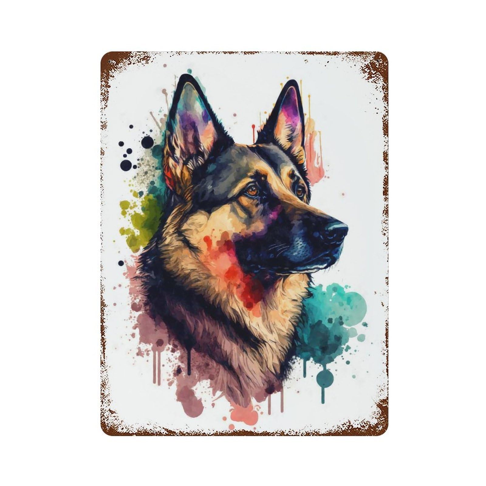 Rust Effect German Shepherd Watercolor Rusty Metal Tin Sign 15.7"x11.8", Old School Wall Decor for Pub, Kitchen And Man Cave Decor