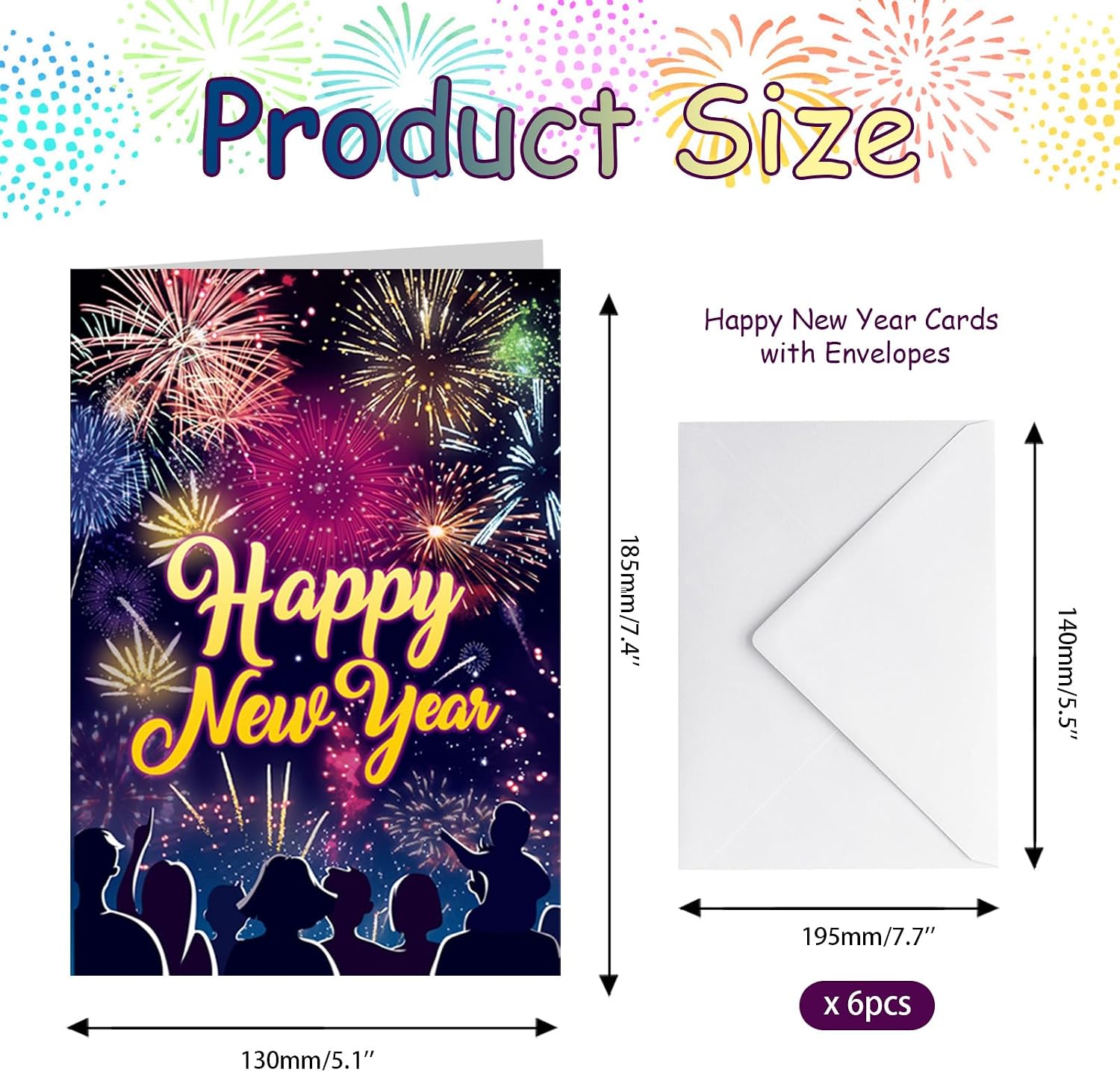 HOWAF 6PCS Colorful Happy New Year Cards 2026 New Years Greeting Cards with Envelopes, News Years Fireworks Gift Cards Winter Holiday Greetings Cards New Year Gifts Presents for New Years Eve Party Supplies,