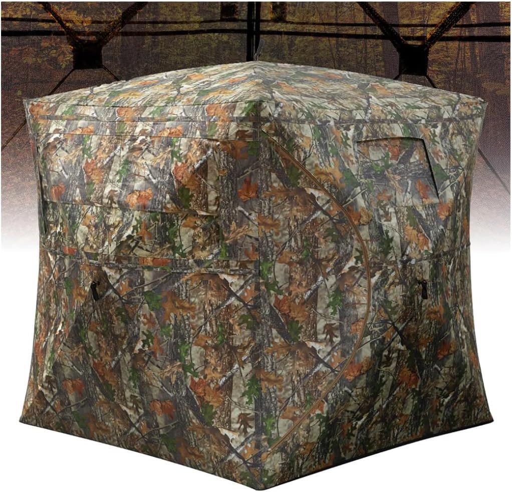 Pop Up Hunting Blind for 2-3 Person, 270° See Through Windows & Silent Magnetic Door, Camouflage 58"x58"x66" Lightweight Ground Blinds for Deer Turkey Waterfowl Hunting, with Carry Bag