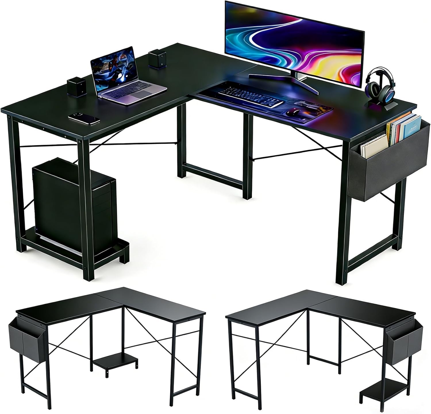SageNest 50 Inch Reversible L-Shaped Desk with CPU Stand & Storage Bag - Sturdy Metal Frame Corner Gaming Workstation