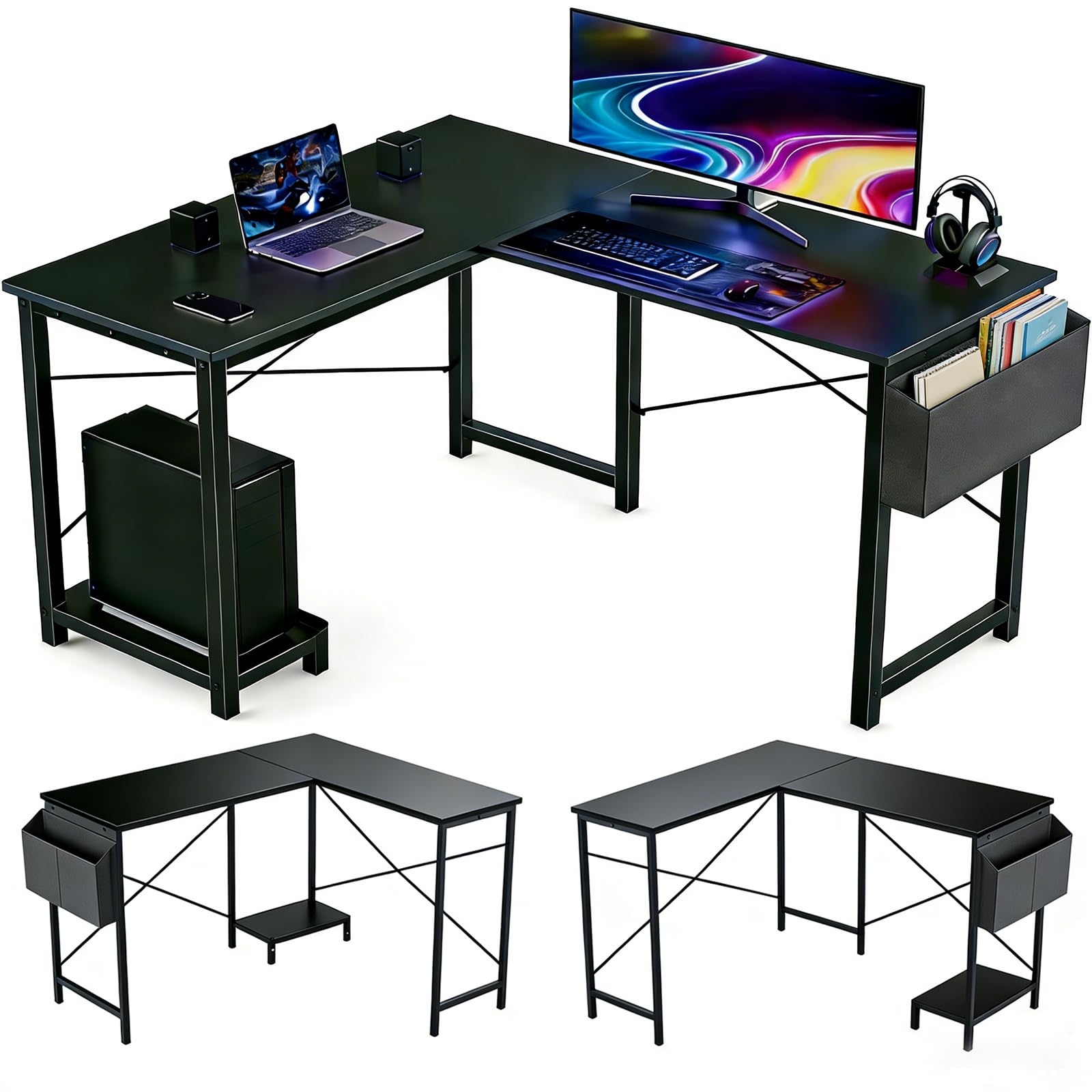 Sagenest L Shaped Desk, 50 Inch Reversible Computer Desk Corner Gaming Table with CPU Stand & Storage Bag, Sturdy Metal Frame PC Workstation for Home