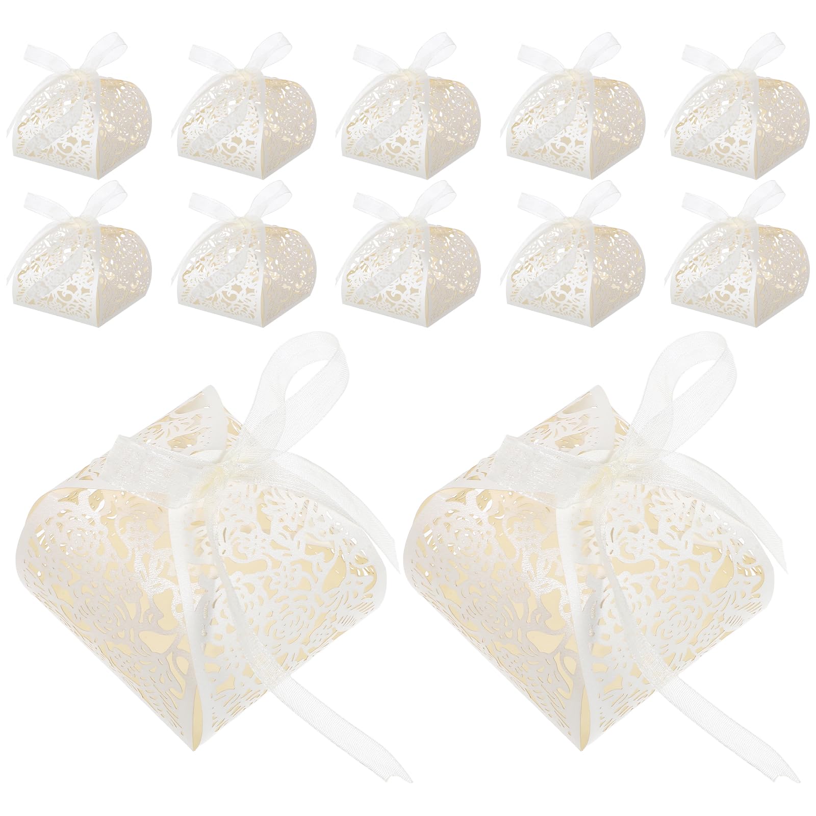 ULTECHNOVO Scatole per Dolci Matrimonio 50 Pezzi in Carta Beige con Design Rosa Traforata e Nastro Elegante per Bomboniere Feste e Party Favor