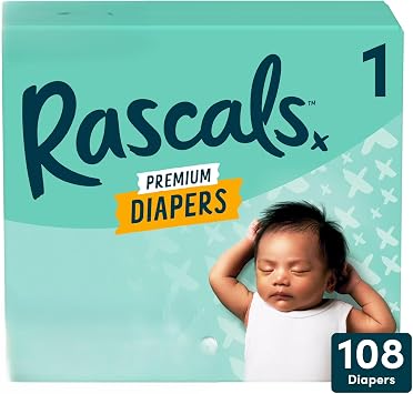 Rascals Premium Absorbent Baby Diapers with Deep Pocket and Triple Leak Guards for Blowout Protection 1-108ct