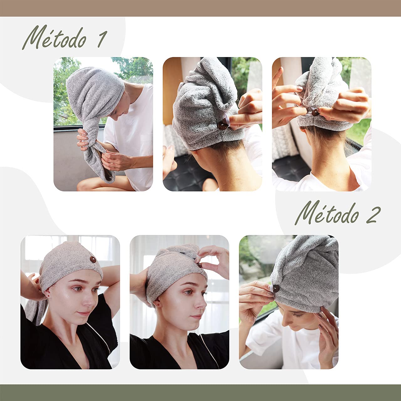 myHomeBody Toallero de Pelo Turbante Secado Rápido Fibra de Bambú Absorbente Ultra Suave Gris 1 Unidad