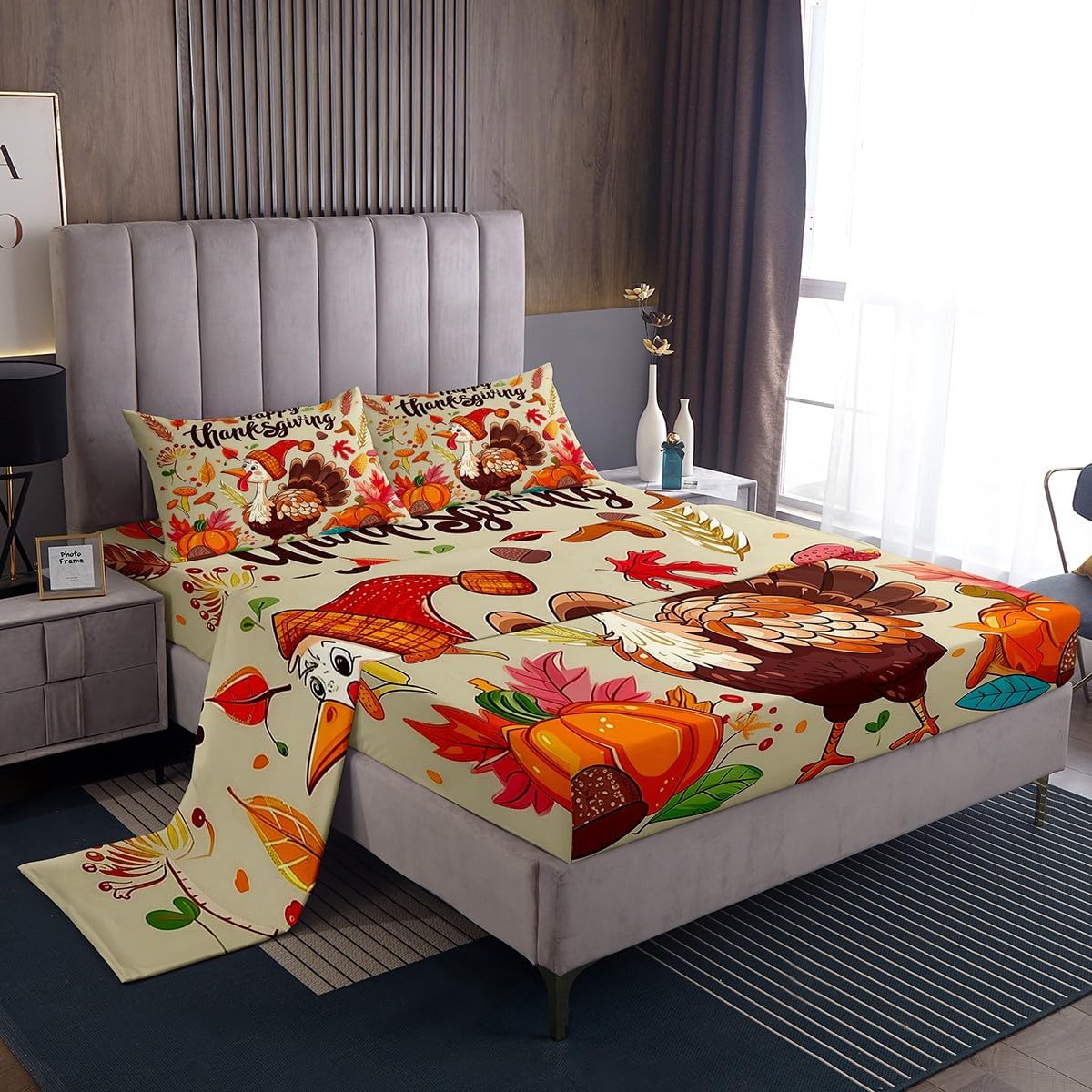 Erosebridal Happy Thanksgiving Sheet Set Cute Turkey Bed Sheets Set Fall Pumpkin Harvest Sheets Autumn Maple Leaves Rustic Farmhouse Bed Set Twin Size