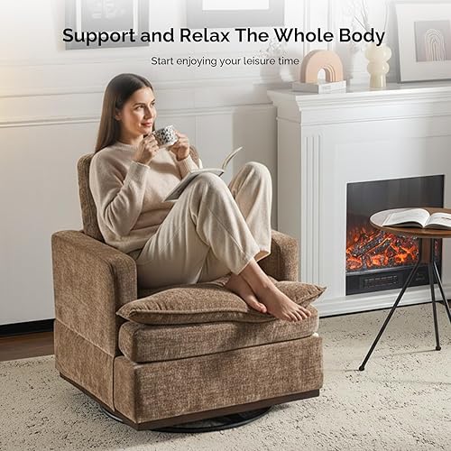 Miniatura 8 de VINGLI Mid-Century - Sillón giratorio simple, giratorio de 360, cojines de asiento de doble capa, silla cuadrada tapizada para sala de estar,