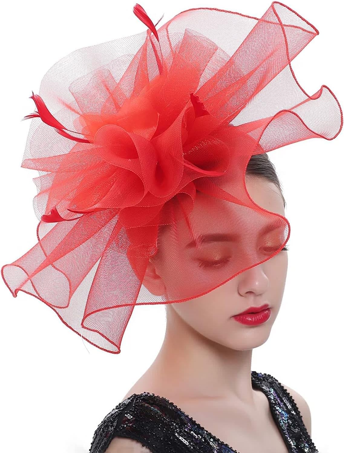 Z&X Sinamay Fascinator Hat Floral Feather Pillbox Derby Hats for Women Wedding Tea Party with Headband Clip - Image 3