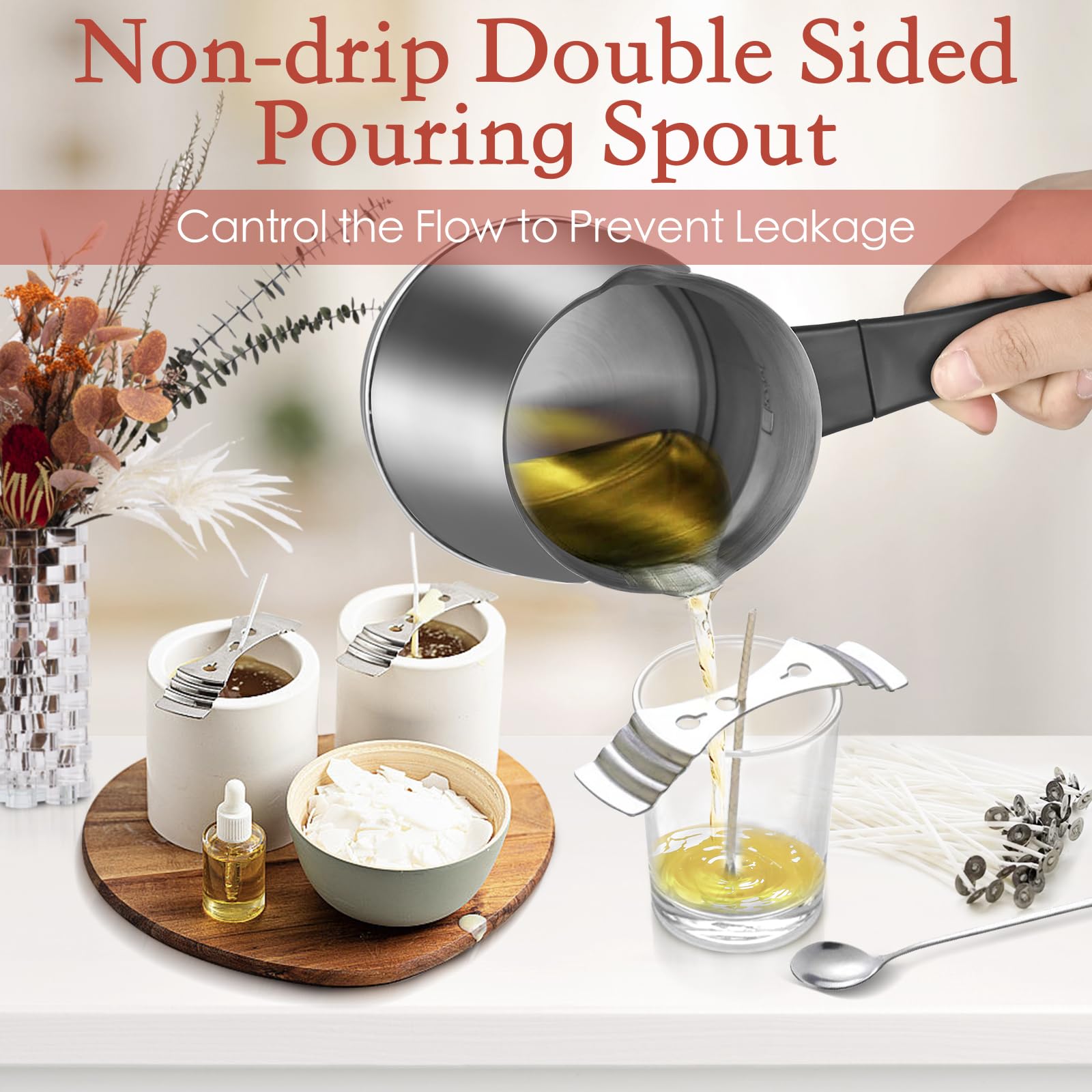 TOKPELA Wax Melter for Candle Making, Stainless Steel Electric Candle Wax Melter, Double Pouring Spout Candle Wax Melting Pot with 51IN Cord and Hot Plate, Candle Making Pot Kit for Beginners - Image 2