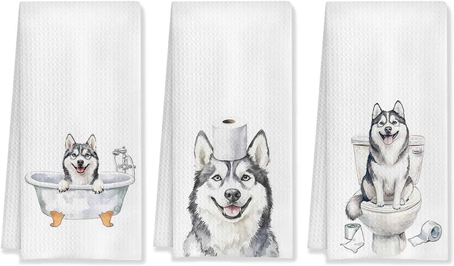 Funny Husky Bathroom Decor Hand Towels Set of 3, Husky Mom Gifts, Gifts for Husky Lovers, Kids Dog Bathroom Decor, 16x24 Inch