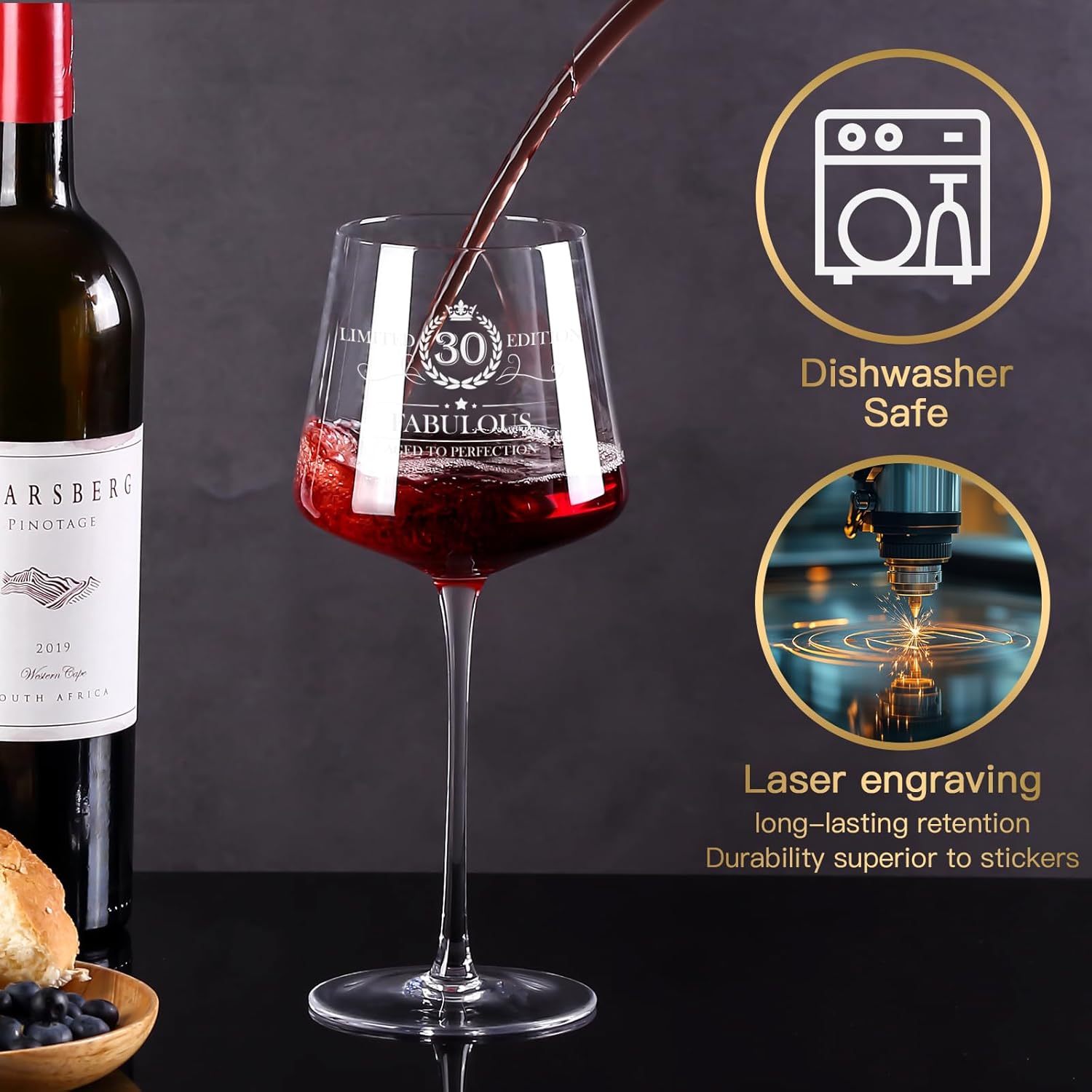 30TH Birthday Gifts for Women,Vintage Engraved 30th Wine Glass,30 Year Old Birthday Decorations For Her,30&Fabulous Sash and Tiara For Women,Friends,Sister-Turning 30th Party Favor Supplies - Image 2