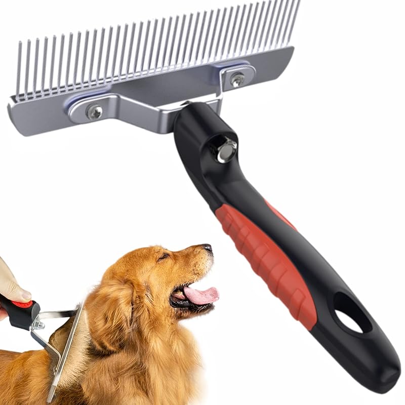 Rastelo Desembaraçador para Cães de Pelagem Longa com Subpelo Tsxurepaw, Dentes Metálicos e Cabo Antiderrapante, Preto e Vermelho