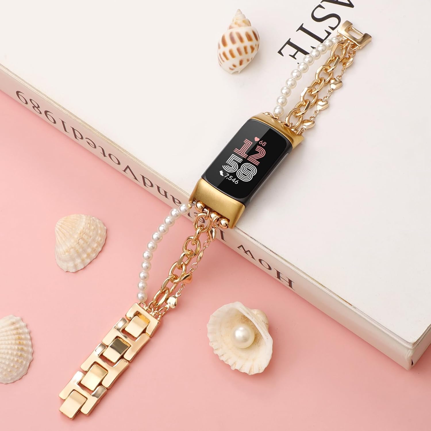 Pearl Beaded Bands Compatible with Fitbit Charge 6/Charge 5 Band Women, Dressy Wristband Stylish Gold Love Shape Link Chain Cute Strap Jewelry Bracelet for Fitness Tracker