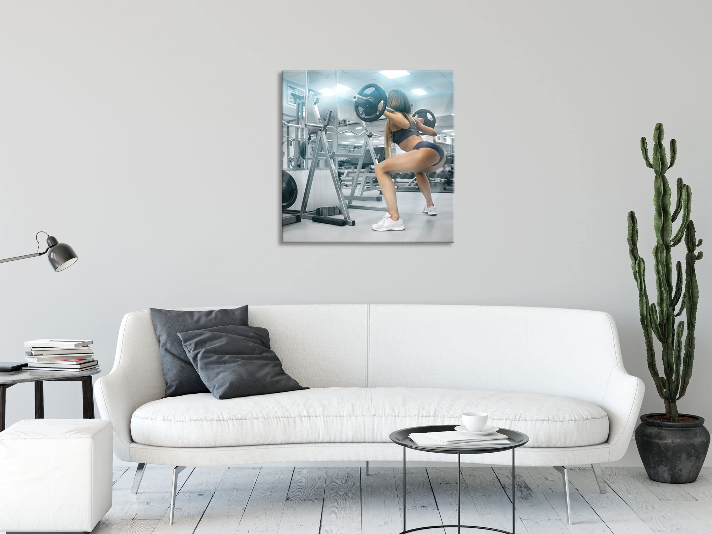 Pixxprint Tableau en verre - Décoration murale sur verre véritable - Femme sportive avec barre d'haltère - 70 x 70 cm - Avec suspension et entretoises