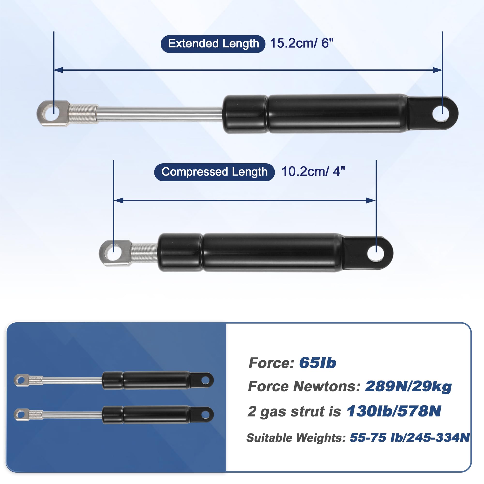 2 Unidades de Soporte de Elevación de 6 Pulgadas y 65 lb/289N Negro, Amortiguador Universal de Resorte de Gas para Ventanas de Caravanas Coches Camiones Barcos Autopartes
