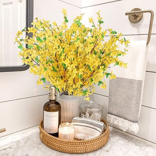 Miniatura 3 de AILANDA 16 flores artificiales de seda amarilla, ramas de Forsythia falsas, jazmín de invierno, tallo largo, orquídeas artificiales, tallos de