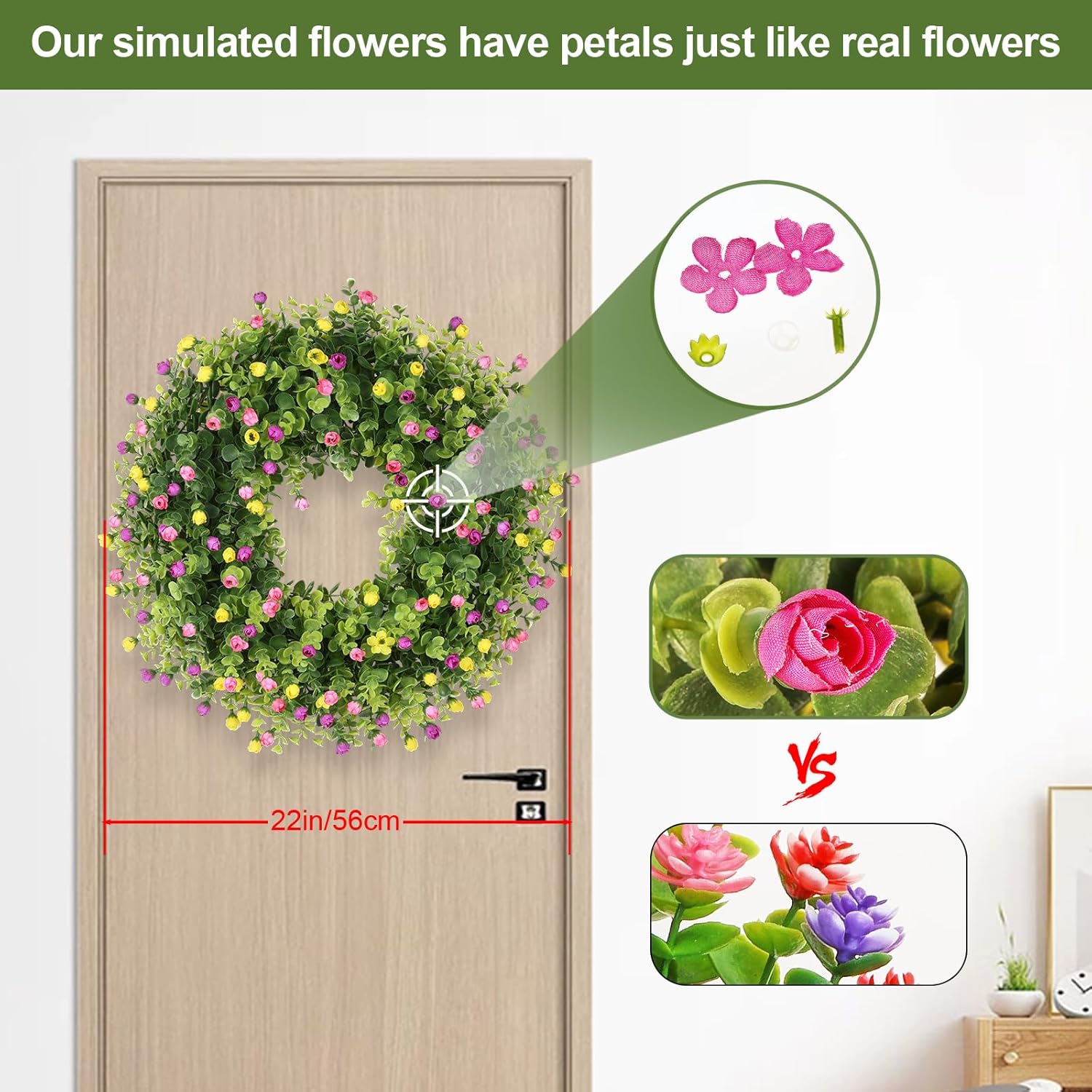 23 Inch Spring Summer Wreath for Front Door, Boxwood Wreath with Pink Yellow Purple Rose Buds, Removable Blessed Sign, Farmhouse Indoor Outdoor Decor