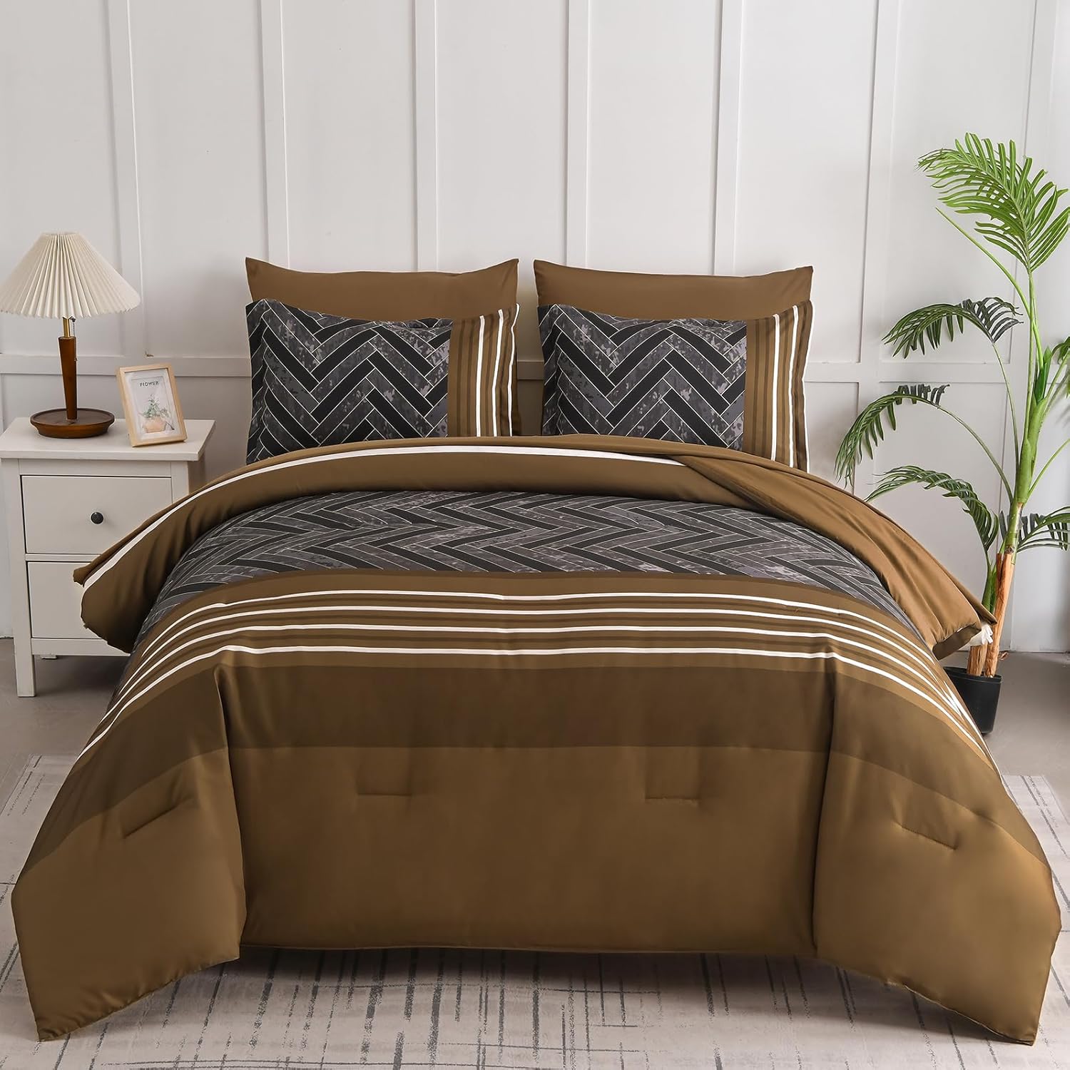 Luxudecor Brown Comforter Set King Size, 3Pieces Stripe Geometric Bed in a Bag, Soft Microfiber Brown Comforter and Sheet Set Complete Bedding Sets for All Seasons 104"×90" King Brown