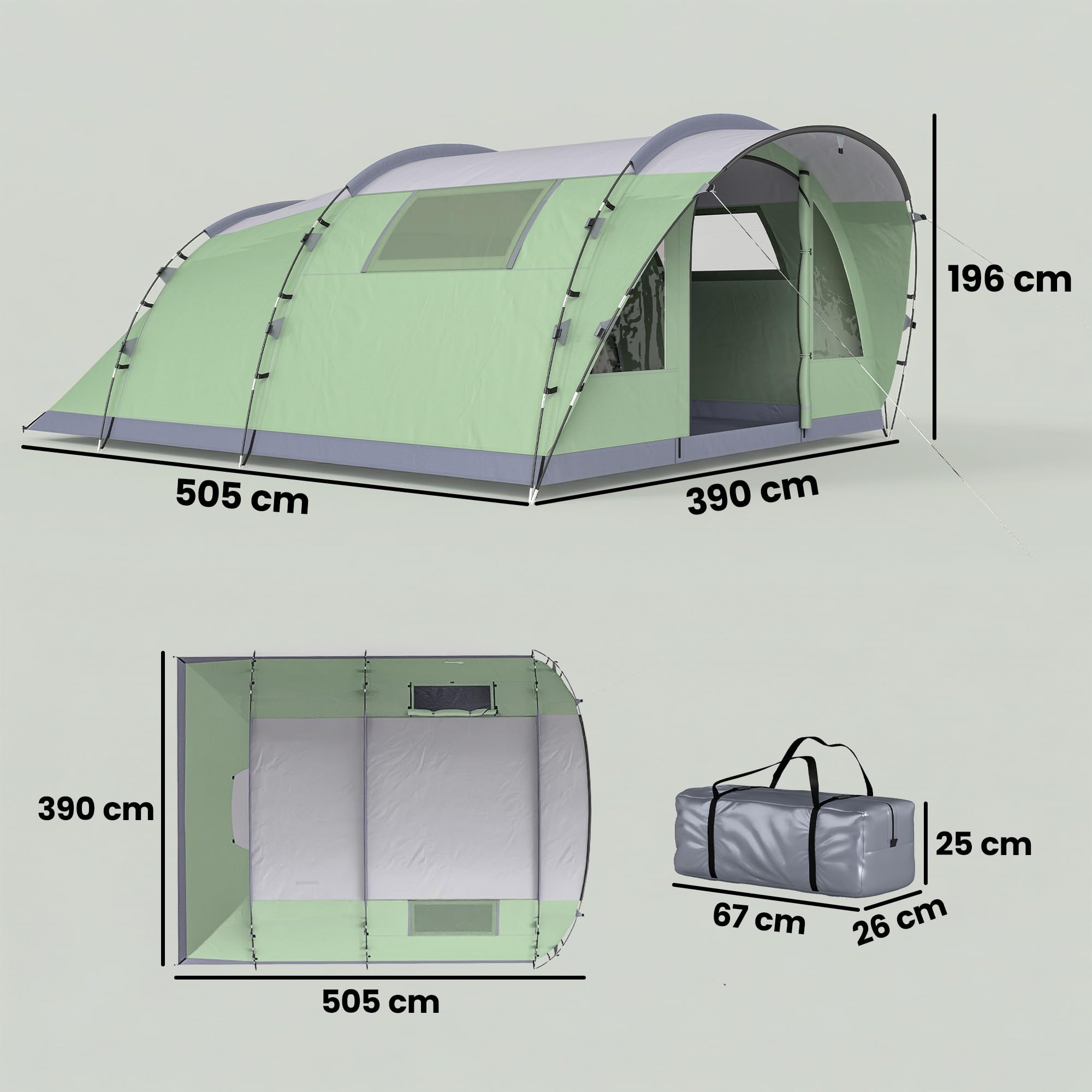 Outsunny Tenda Campeggio a Tunnel 5 Persone 196cm 2 Stanze Impermeabile 3000mm Verde Chiaro
