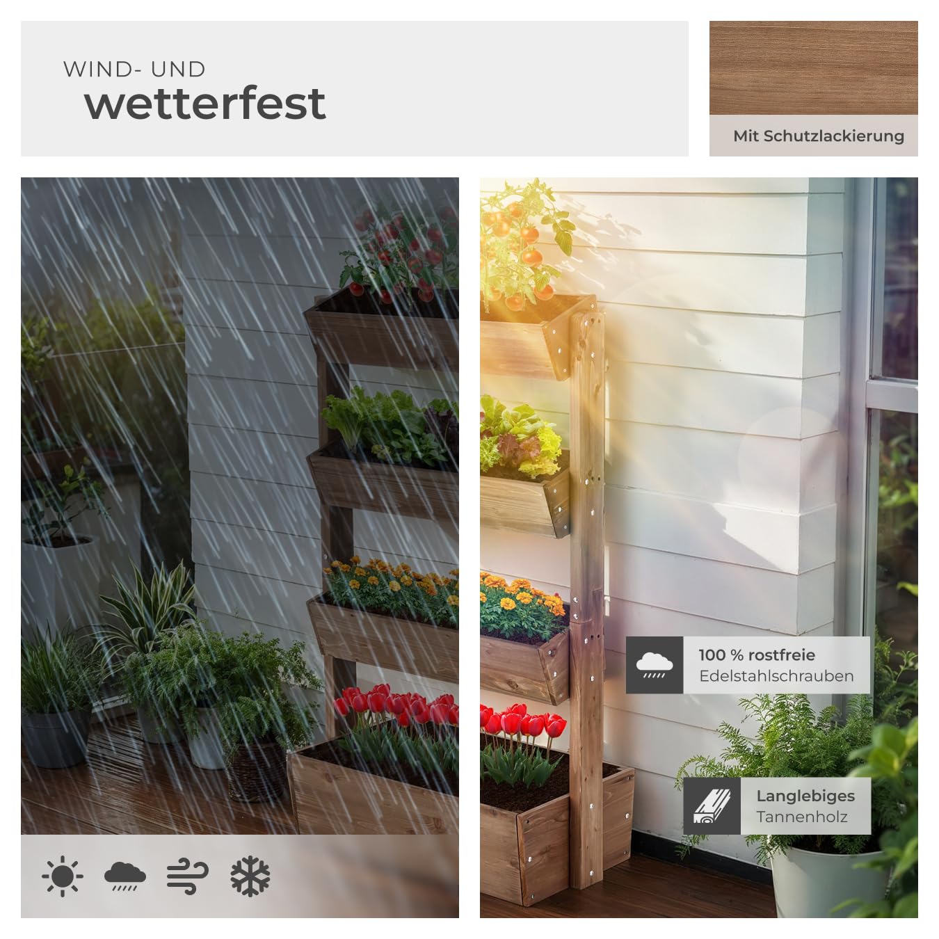 tectake® Vertikalbeet mit 4 Etagen, Hochbeet aus Holz, Pflanztreppe, Hochbeet Balkon, Blumenbeet, Kräuterbeet, Gemüsebeet, Pflanzenregal, Blumenkasten Holz mit Pflanzvlies - braun, 85 x 45 x 140 cm