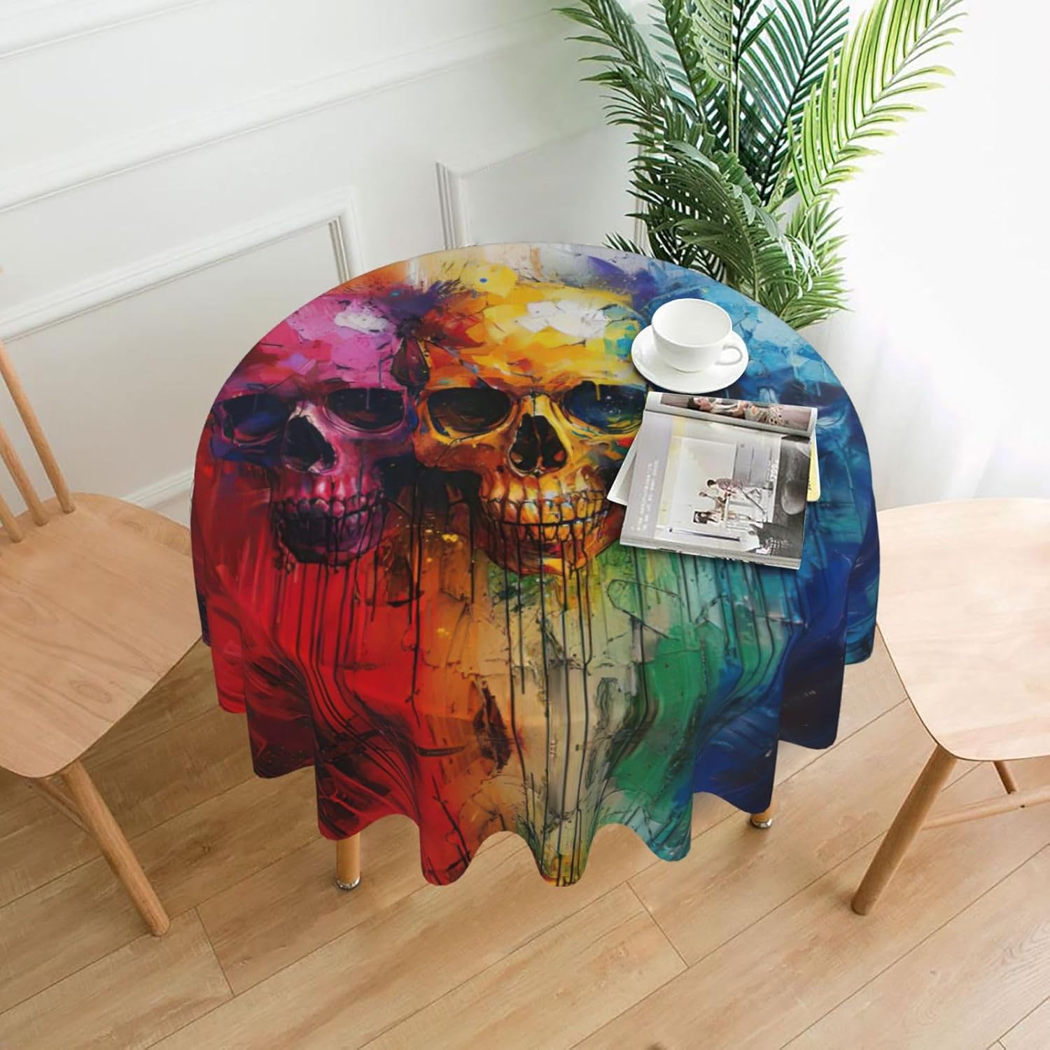 Color Skulls Print Wrinkle Free Dining Table Cover for Birthday Party Farmhouse Tablecloths Up to 60 x 60 Inches