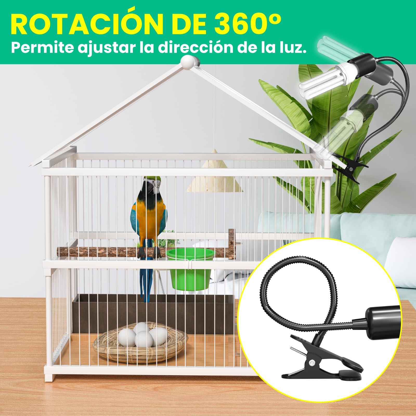 GlowUp Lámpara para Aves Set Completo con Temporizador, Lámpara de Abrazadera con Bombilla UVB 2.4 E27 20W para Aves