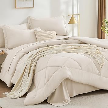 FUANNA Twin Comforter Set 5 Pieces, Luxury Twin Bed Set All Season, Soft Bed in a Bag with Lightweight Fluffy Comforter, Flat Sheet, Fitted Sheet, Pillowcases & Pillow Shams, Beige
