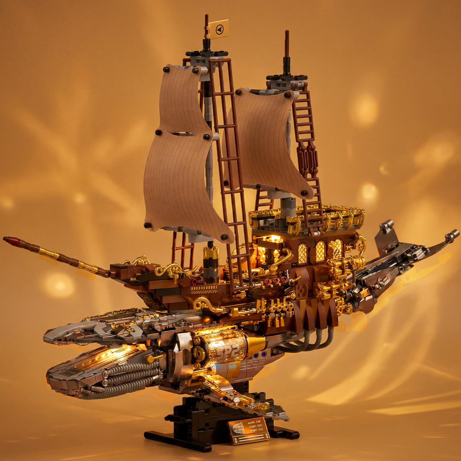 2 en 1 técnica ballena barco pirata juguete de construcción con luz, 1960 piezas modelo barco bloques de sujeción para adultos y niños, gran juego de bloques de construcción de ballena mecánica