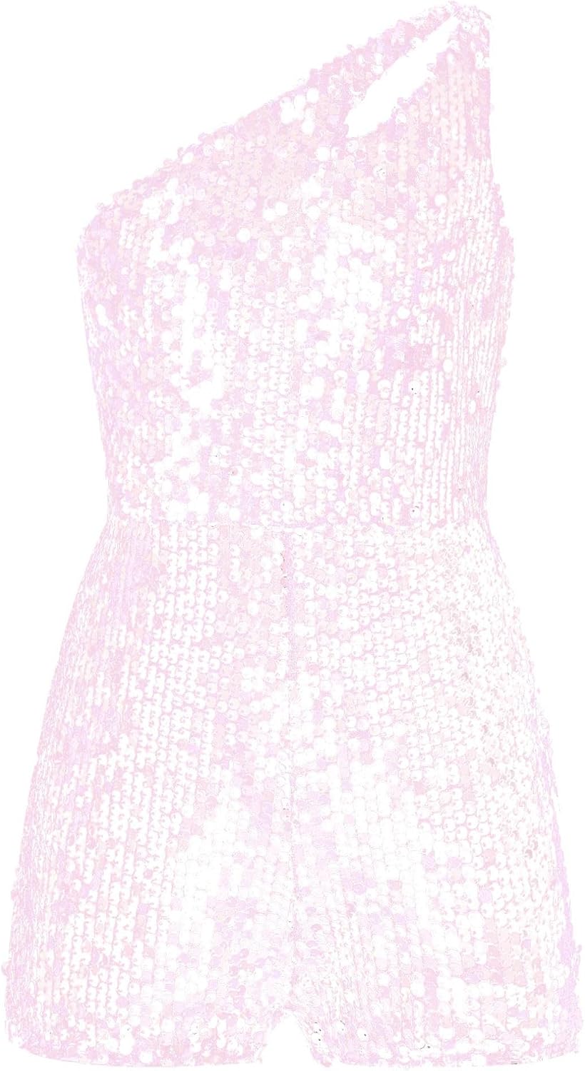 ranrann Kids Girls Sparkly Sequin Jumpsuit Leotard One Shoulder Pageant Romper Party Prom Jazz Hip Hop Dancewear