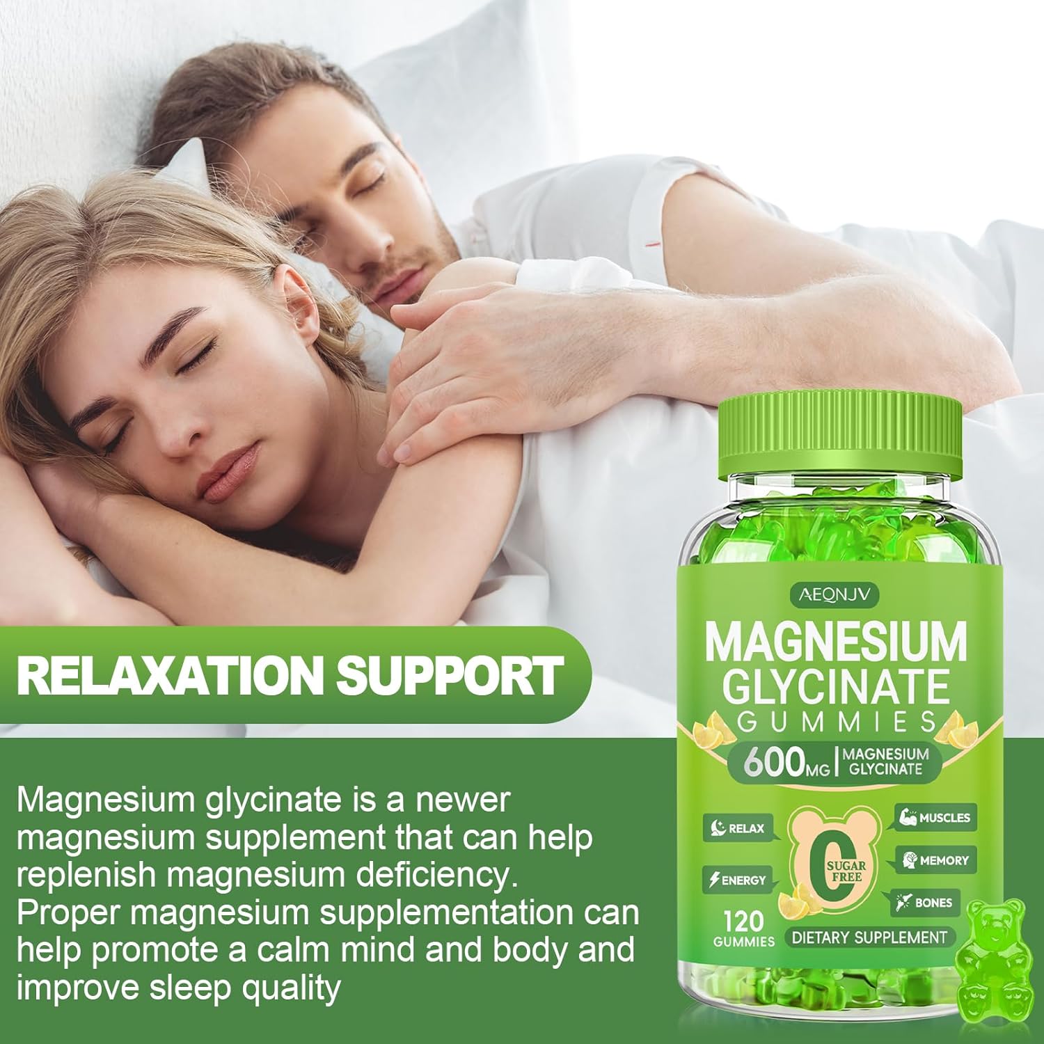 Magnesium Glycinate Gummies 600mg for Women and Men, High Absorption Magnesium Glycinate with Vitamin D, B6, and CoQ10 for Calm Support & Sleep, Sugar Free, Vegan, 60 Days Supply - Image 6