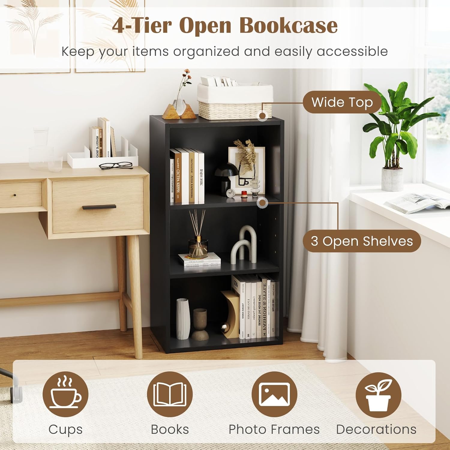 GOFLAME 3 Tier Small Open Bookshelf Set of 2, Short Bookcase with 2 Adjustable Shelves, Multifunctional Storage Cabinet, Modern Display Shelf for Living Room, Bedroom, Study, Home Office, Black