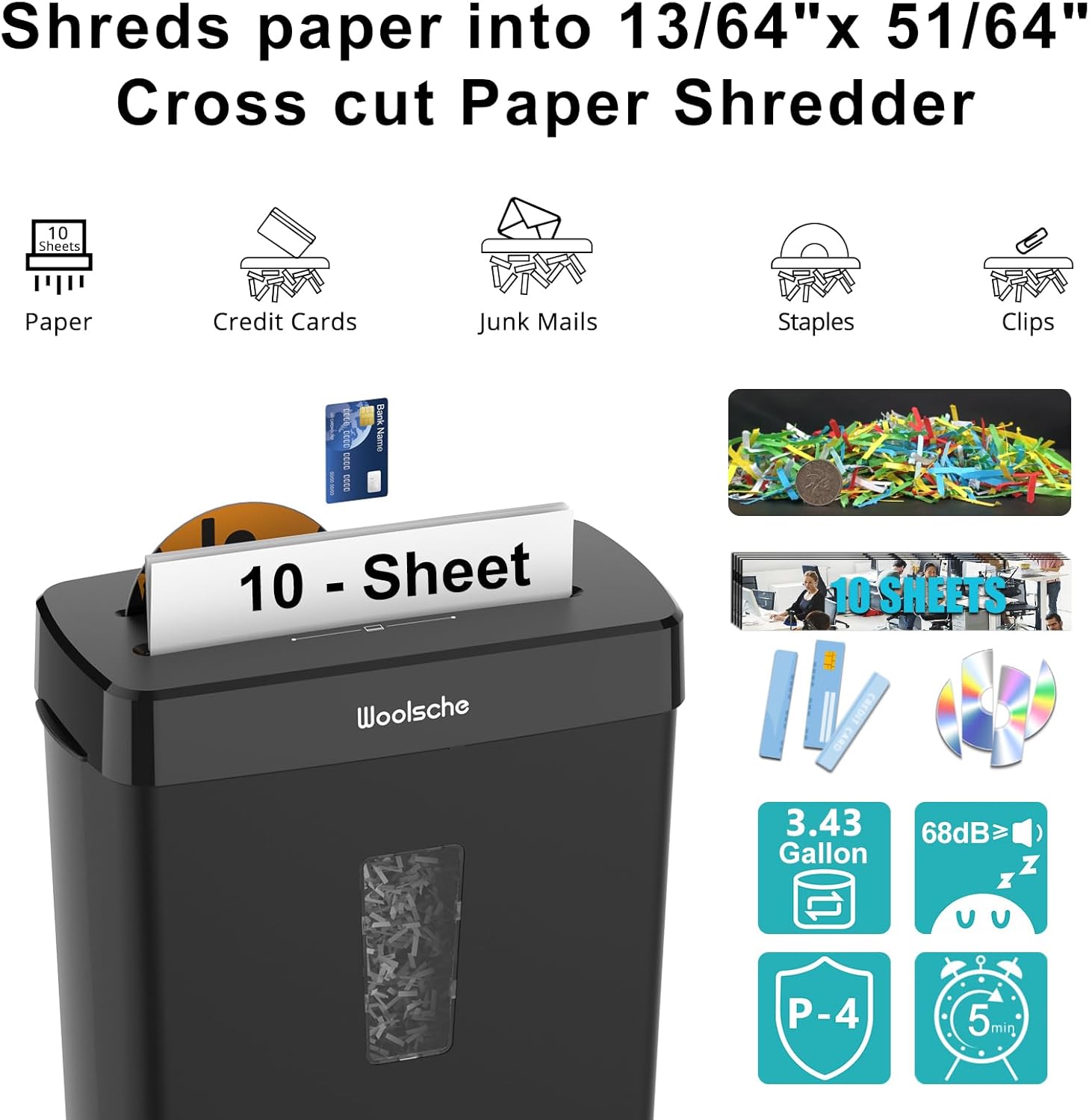 Paper Shredder for Home,10-Sheet Cross Cut with 13L Basket, P-4 Security Level,3-Mode Design - Shreds CD and Credit Card,Shredders for Home Use