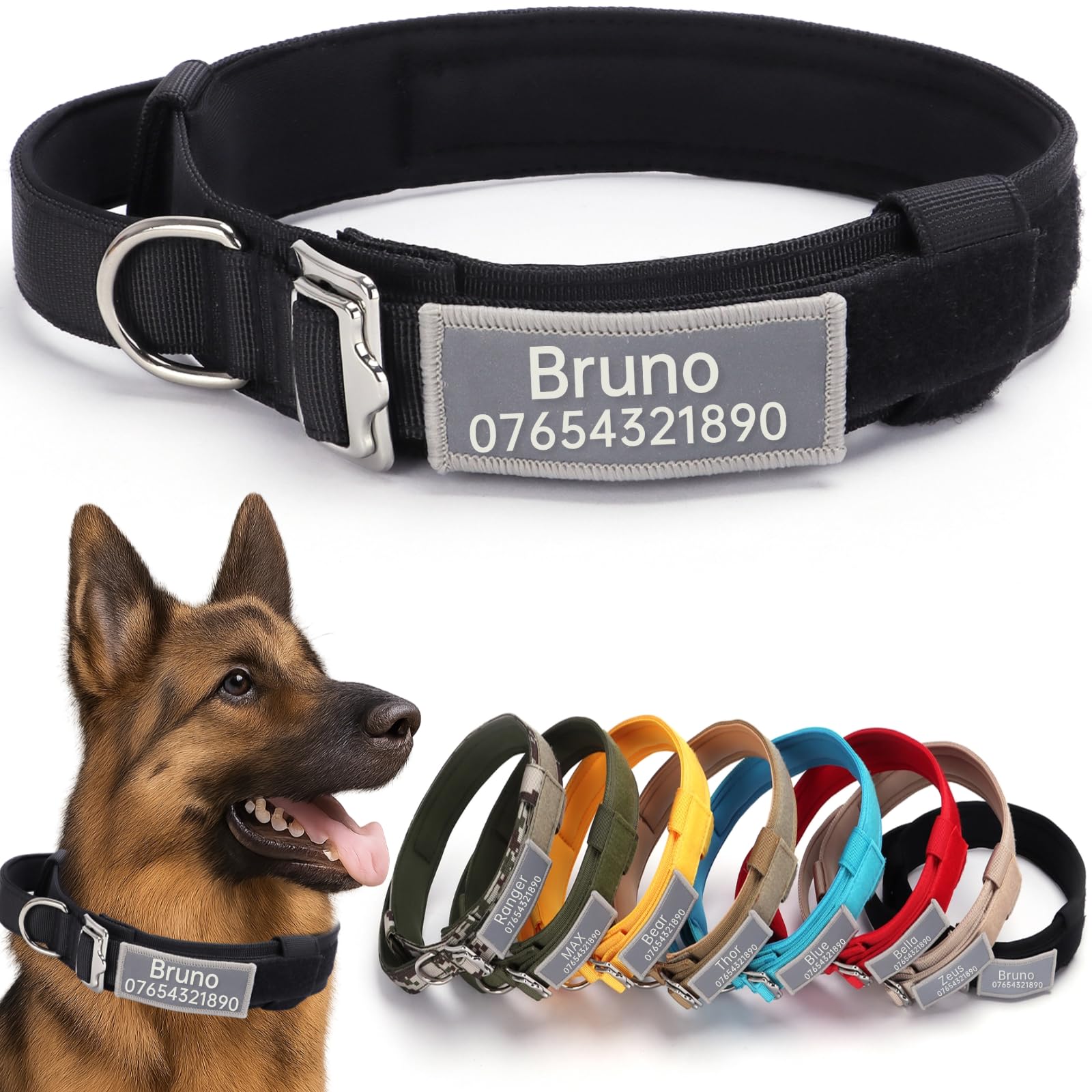 SEOUGEE Tactical Dog Collar Personalised with Handle, Soft Padded Dog Collars with Custom Reflective Name Patch, Adjustable Collars with Portable Buckle for Medium Large Dogs Training (Black, L)