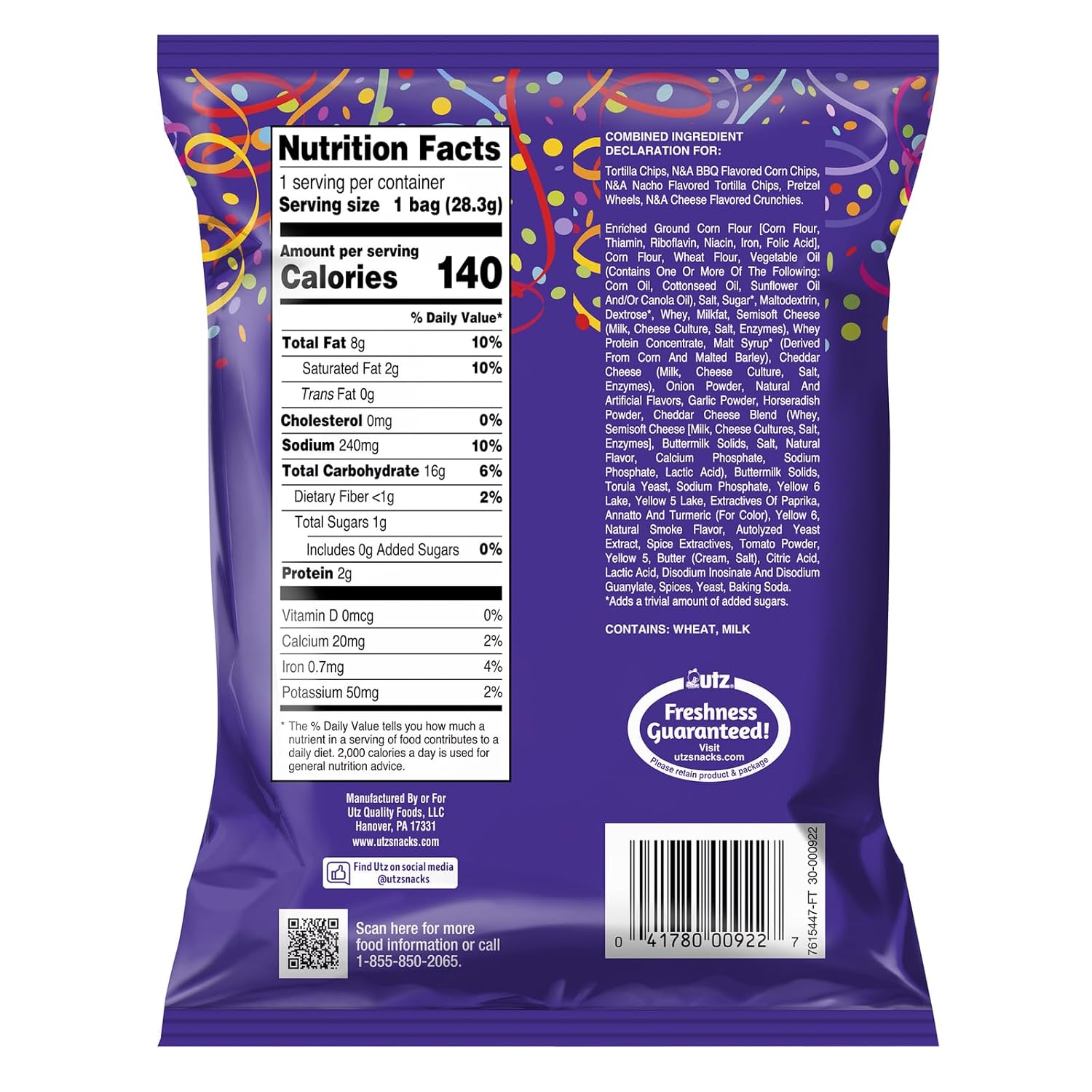 Utz Party Mix – 1 oz. Bags (60 Count) Tasty Snack Mix of Corn Tortilla, Nacho Tortilla, Pretzel, BBQ Corn Chip and Cheese Curl, Perfect for Vending Machines, Individual Snacks to Go, Trans-Fat Free