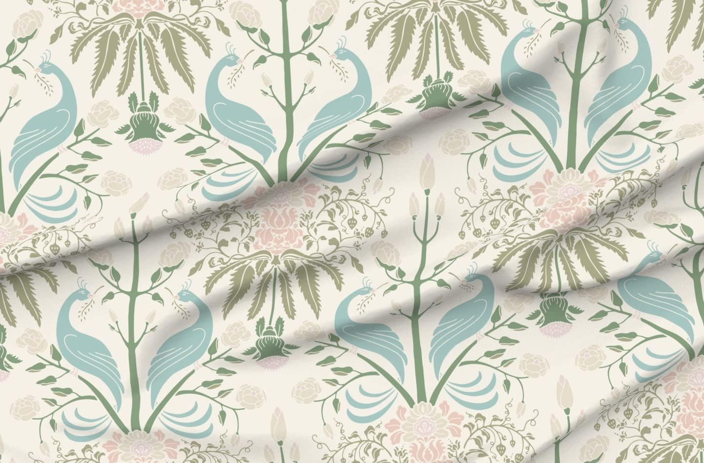 Spoonflower Fabric - Birds Floral Damask Bird Flower Cream Peach Peacock Sage Printed on Organic Cotton Sateen Fabric by The Yard - Sewing Quilting Apparel Home Decor
