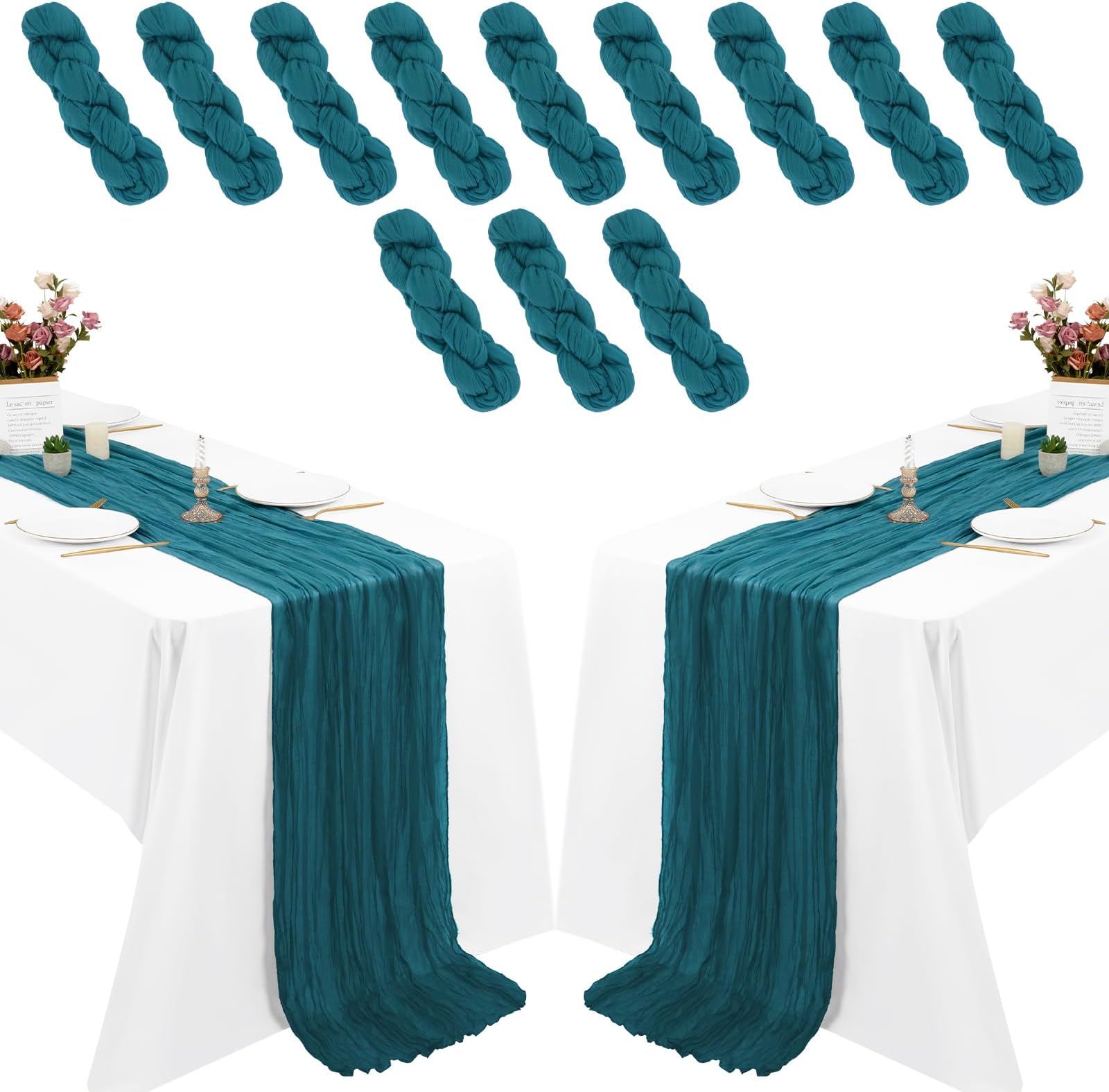 12 Pack 13Ft Cheesecloth Table Runner Teal 35x157 Inch Gauze Cheese Cloth Table Runner, Long Boho Rustic Romantic Wedding Table Runner for Wedding Bridal Shower Banquet Table Decorations