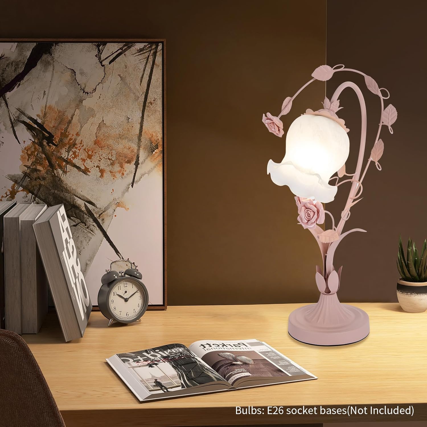 Modern Rose Flower Glass Table Lamp - Floral Nightstand Desk Light for Bedroom Living Room Office Dresser - Pink Flower with Switch