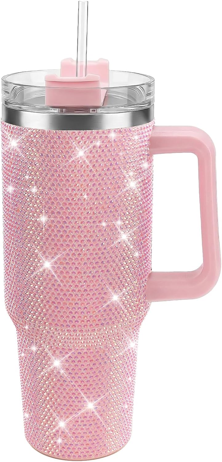 Pandance 40oz Rhinestone Tumbler with Handle & Straw, Insulated Stainless Steel Travel Mug for Hot & Cold Drinks, Sparkle Reusable Water Bottle for Women-PINK