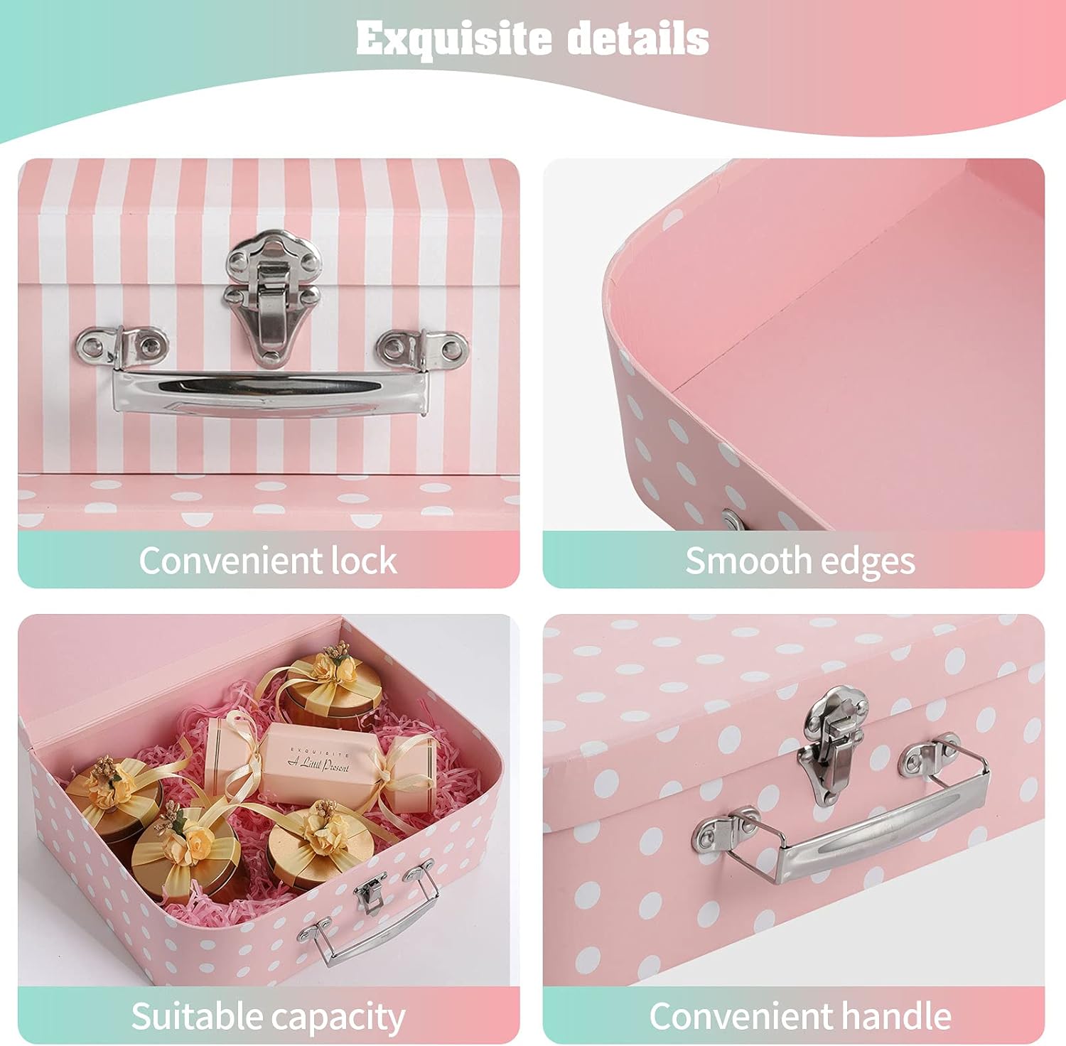 Set of 3 Paperboard Suitcases Storage Box Storage for Photo Storage Home Decoration, Wedding, Birthday, Anniversary and New Year Gift Decoration (3Pcs, Pink Dots and Stripes)