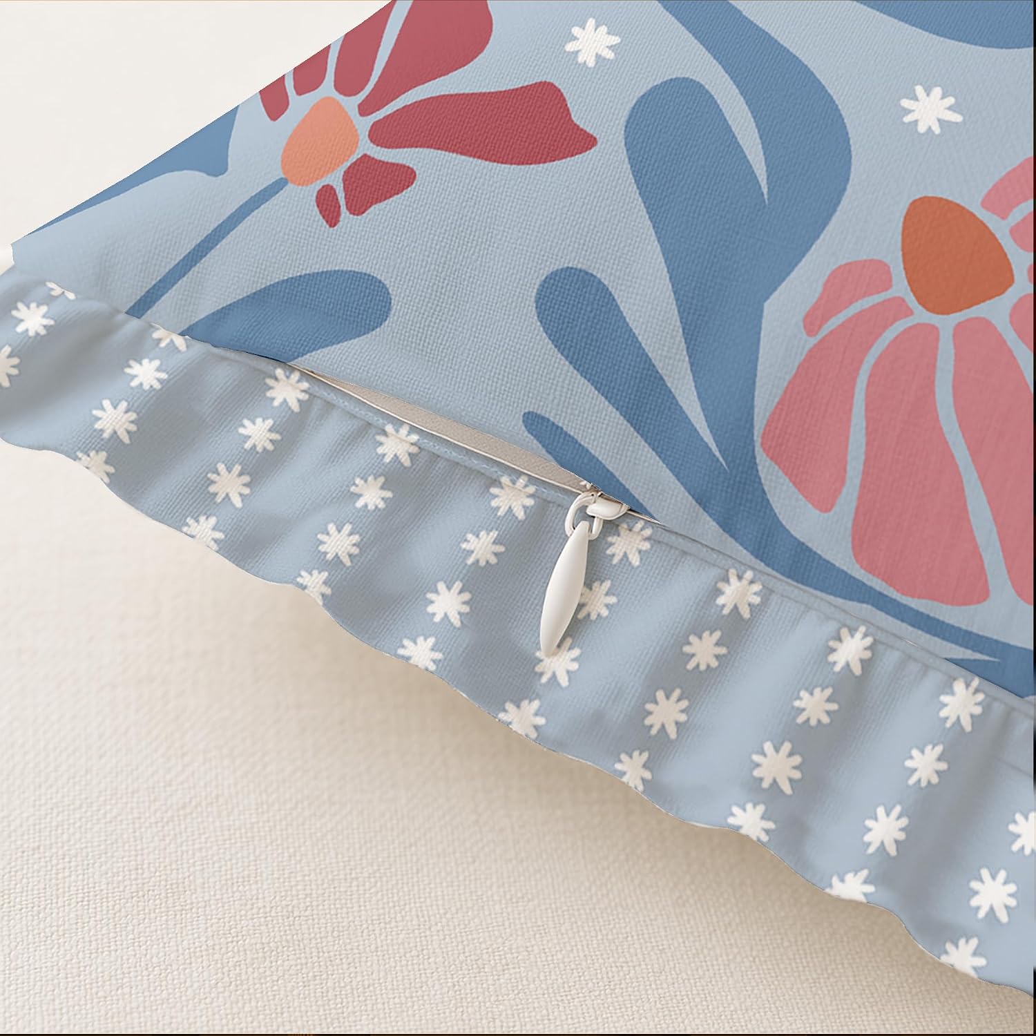 16x16 Cotton Cushion Covers Set of 2 - Double-Sided Printed Frill Pillow Covers with Zipper, Floral Print, Farmhouse Style, 100% Cotton Twill, No Filler