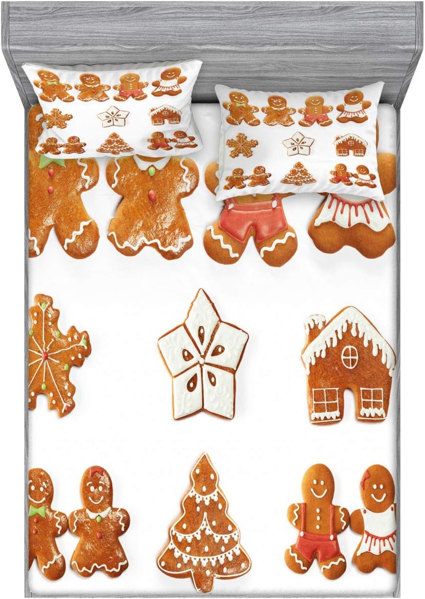 Ambesonne Gingerbread Man Fitted Sheet & Pillow Sham Set, Vivid Christmas Gingerbread Biscuits Set Snowflake House Tree, Decorative Printed 3 Piece Bedding Decor Set, Full, Pale Brown White