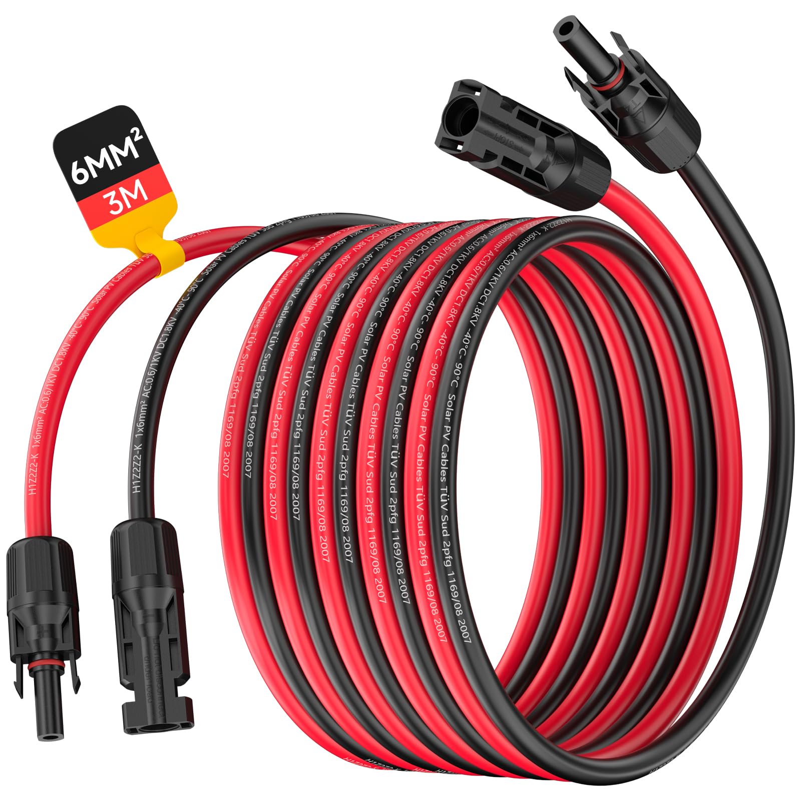 SOLARKABEL 6MM², PV VERLÄNGERUNGSKABEL 3M MIT BUCHSEN UND SOLARSTECKER, 10AWG SOLARKABEL VERLÄNGERUNG, IP68 WASSERDICHTEM PHOTOVOLTAIK KABEL STECKER FÜR SOLARSYSTEME (ROT/SCHWARZ)
