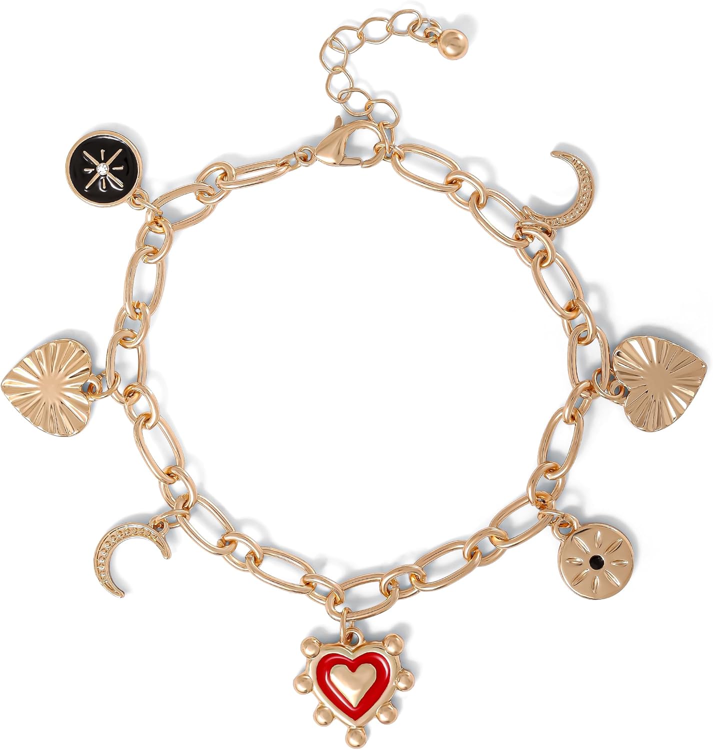 Jessica Simpson Gold-Tone Charm Bracelet for Women Adjustable, Chunky Bracelet with 7 Charms, Valentines Day Gifts for Her