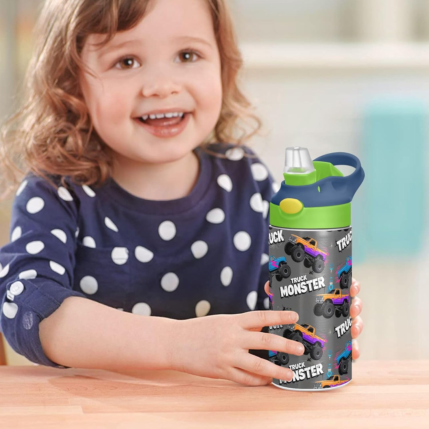 Monster Truck Black Kids Water Bottle with Straw and Carry Handle Racing Cars Sports Vacuum Insulated Stainless Steel Bottles Leak-Proof for Boys Girls Toddler 12 oz Green Lid