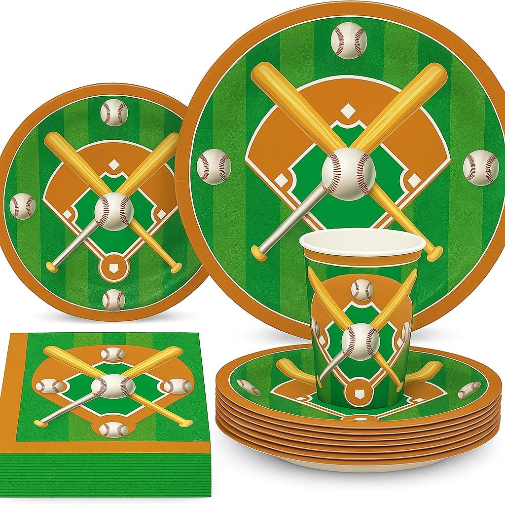 Oojami Baseball Party Supplies - 120 Piece Complete Set for 30 Guests - 9" Dinner Plates, 7" Dessert Plates, 9oz Cups & 3-Ply Napkins